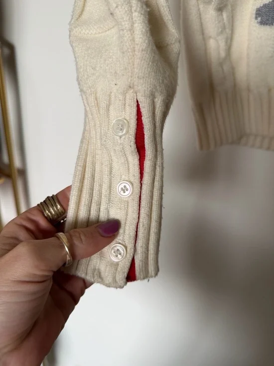 Thom Browne Cream Cardigan with Gray Dog Motif and Signature Trim - Picture 7 of 8